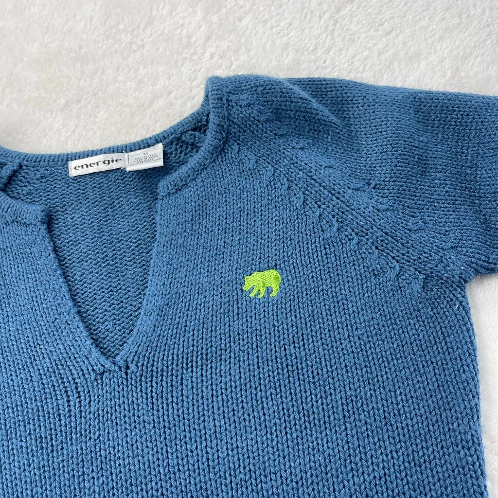 Vintage Y2K Energie Acrylic Stretch Knitted Sweater Womens Size M Blue Pocket - Image 10