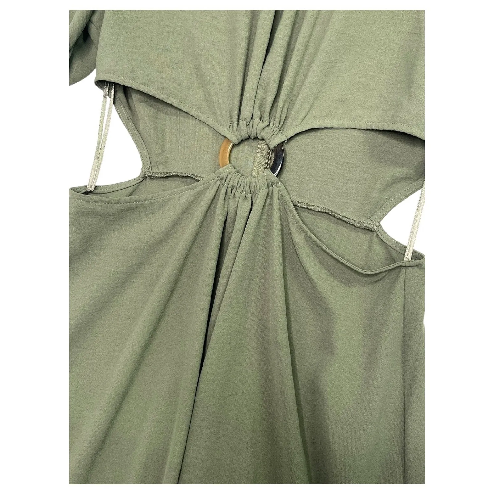 New Zara Dress Womens Small Green Puff Sleeve Cutout Ring Midi Casual Boho Sexy - Image 4