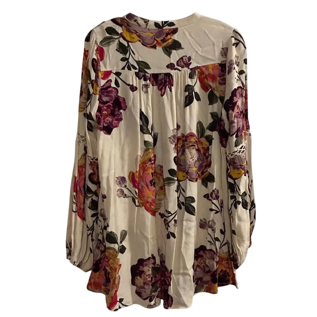 Oddy Women's S Floral Boho Blouse Ivory Multicolor Cold Shoulder Purple - Image 9