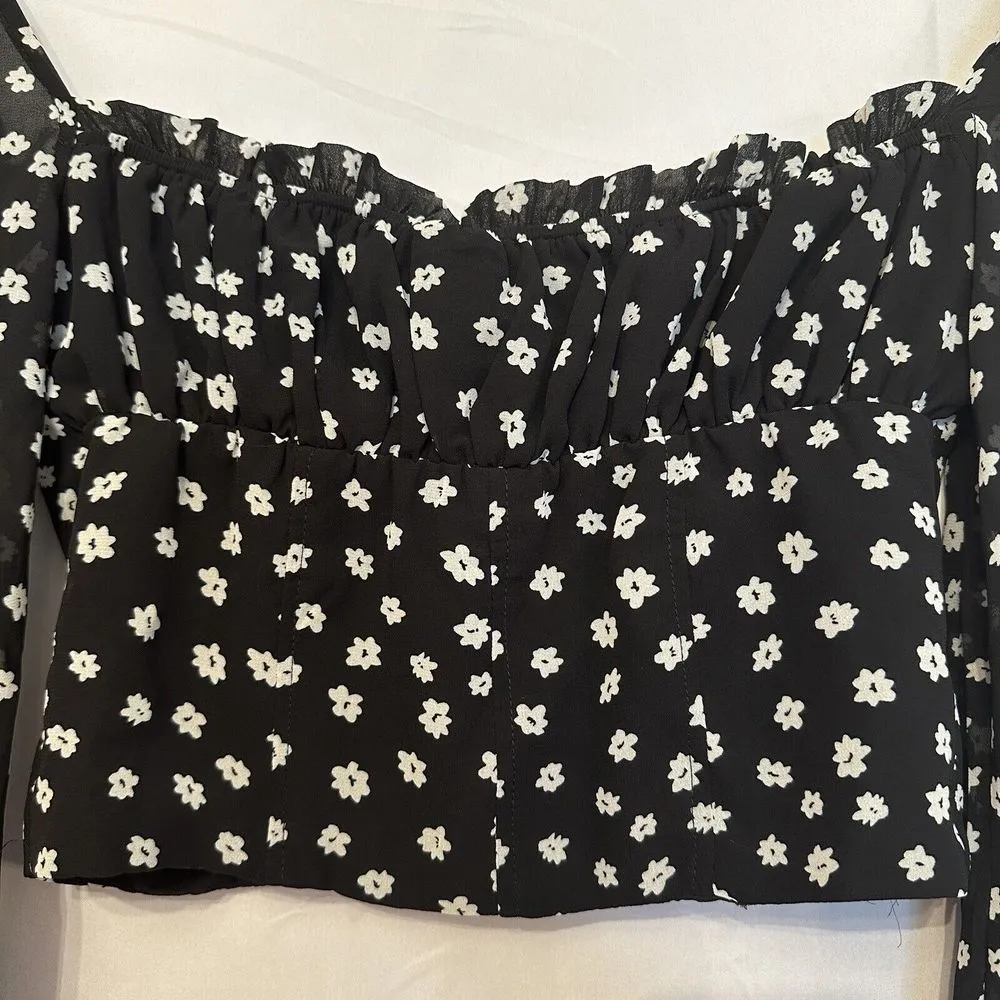 Princess Polly Size 6 Black White Floral Long Sleeve‎ Wire Bustier Crop Top - Image 4