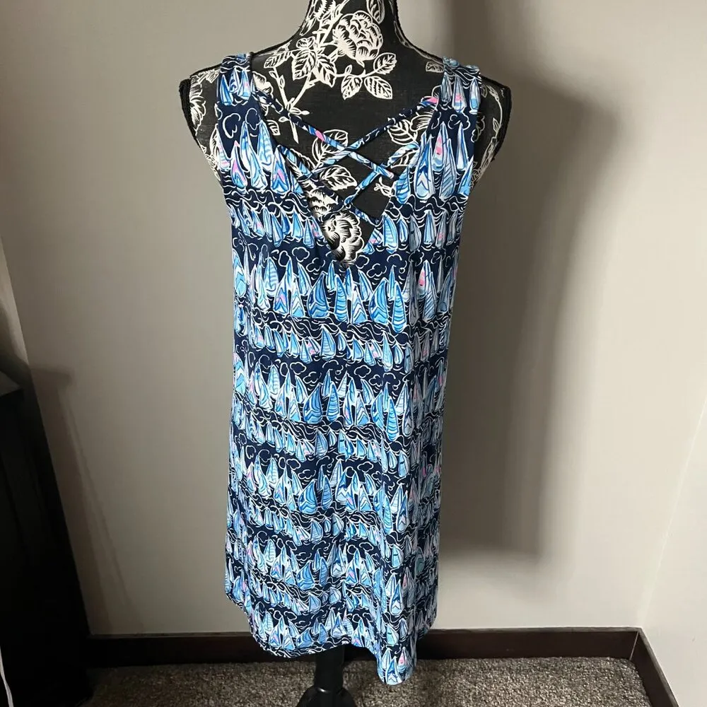 Lilly Pulitzer Shift Dress Medium Kristen Low Tide Navy Sail Boats Pima Cotton - Image 6