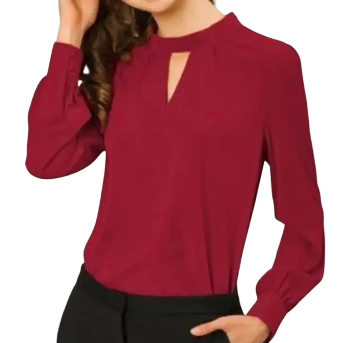 ALLEGRA K Stand Collar Long Sleeve Chiffon Burgundy Blouse, Size L, New with Tag - Image 2