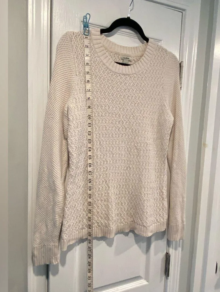 L.L. Bean Size S Cream Cotton Waffle Knit Long Sleeve Crew Neck Pullover Sweater - Image 7