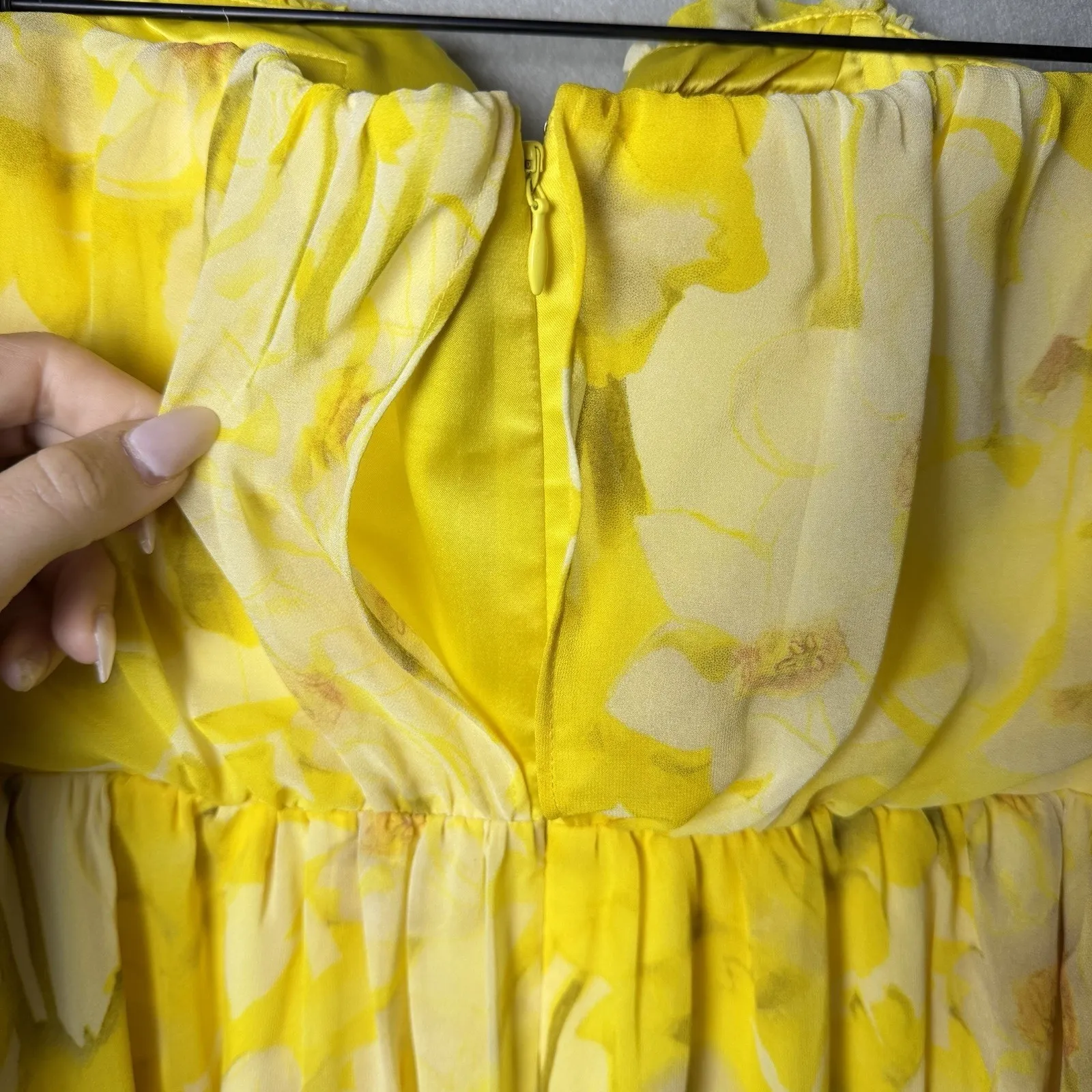 Vince Camuto Yellow Floral Chiffon Strapless Asymmetrical Dress Womens Size 10 - Image 9