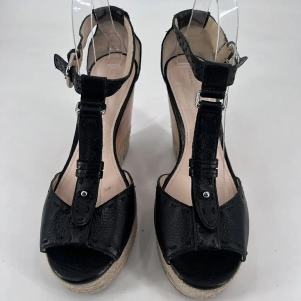 Coach Gala Black Leather Wedges Espadrille Wood Size 10 Peep toe T Strap Sandals - Image 2