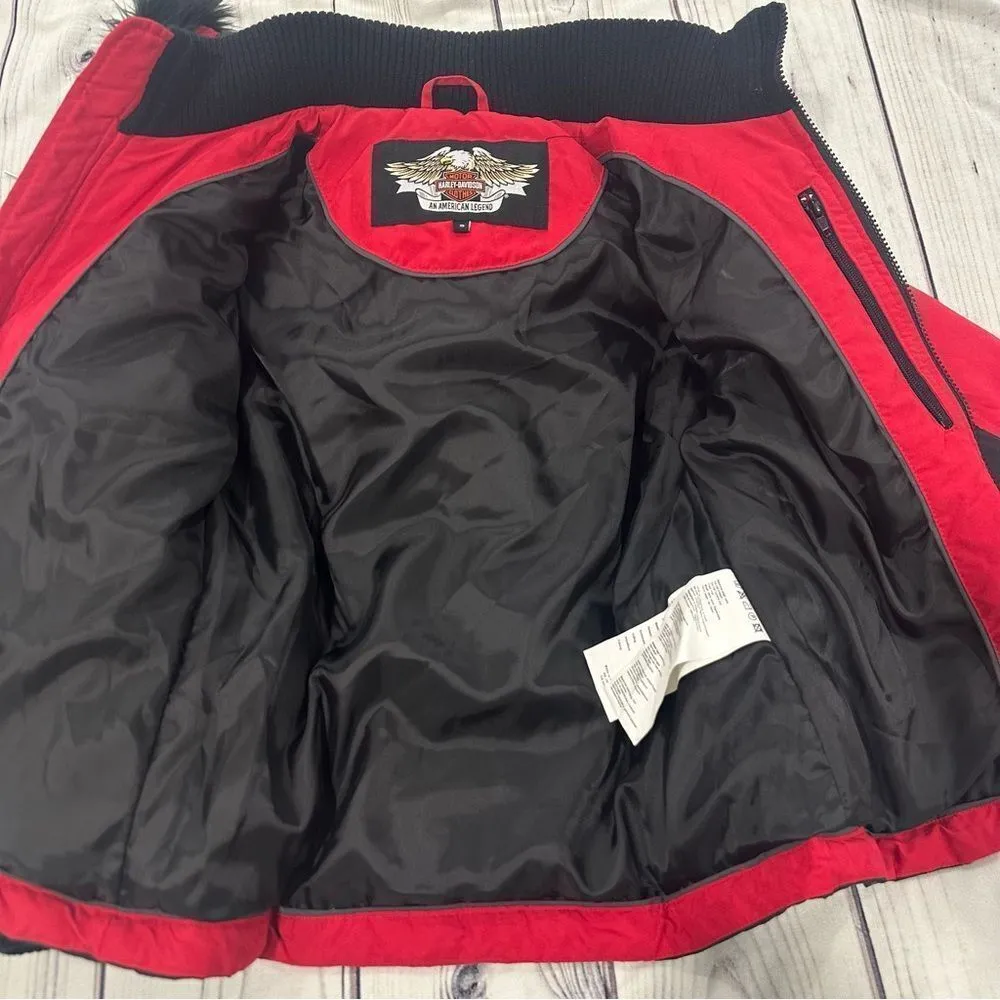 Harley Davidson Womens Small Red Black Quilted Down Feather Jacket Logo Biker - Image 7
