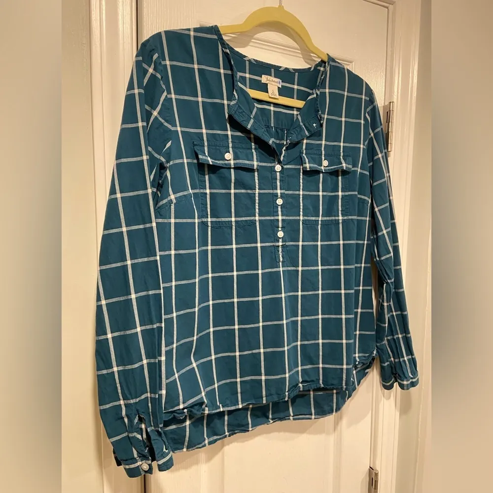 L.L. Bean Size S Cotton Collarless Teal Ivory Plaid Long Sleeve Popover Shirt Blue - Image 5