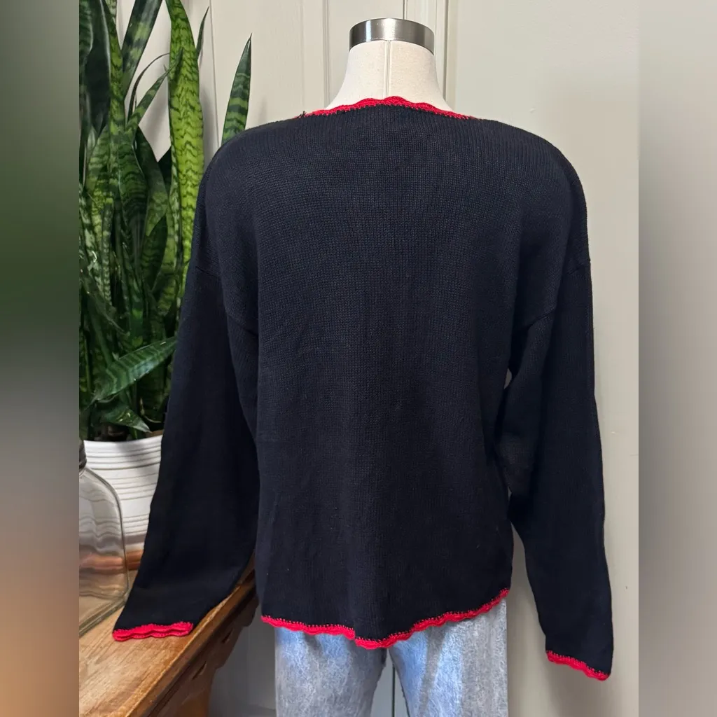 Vintage Holiday Cardinal Sweater Black Red Festive Embroidered women’s large - Image 3