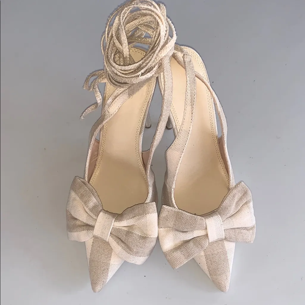 NWOT ASOS Ankle Wrap Cream Tan Gingham Check Bow Heels Pointed Toe Stiletto 8-9 - Image 4
