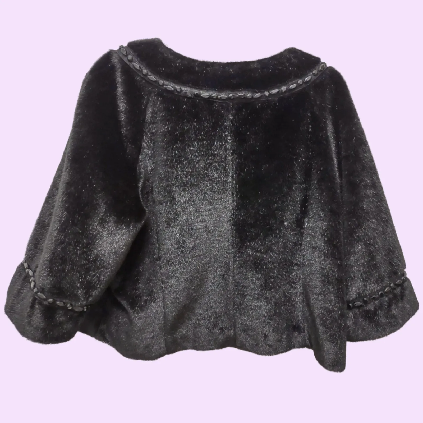 Terry Lewis Classic Luxuries Black Faux Fur Jacket Rhinestone Trim - Image 3