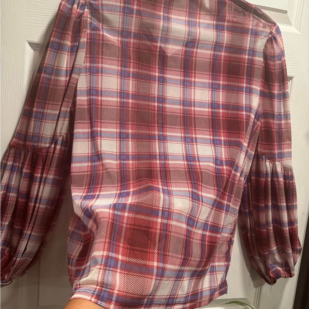 A Love Story Women’s Red Plaid See Through Long Sleeve Blouse Top Size L Size L - Image 5