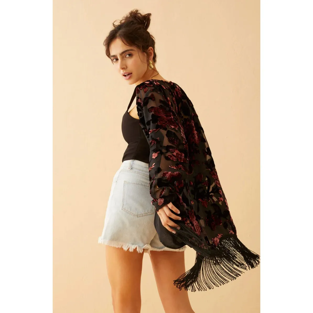 NWT Boho Fringed Burnout Velvet Kimono Jacket by Bohera Brown Size L - Image 6