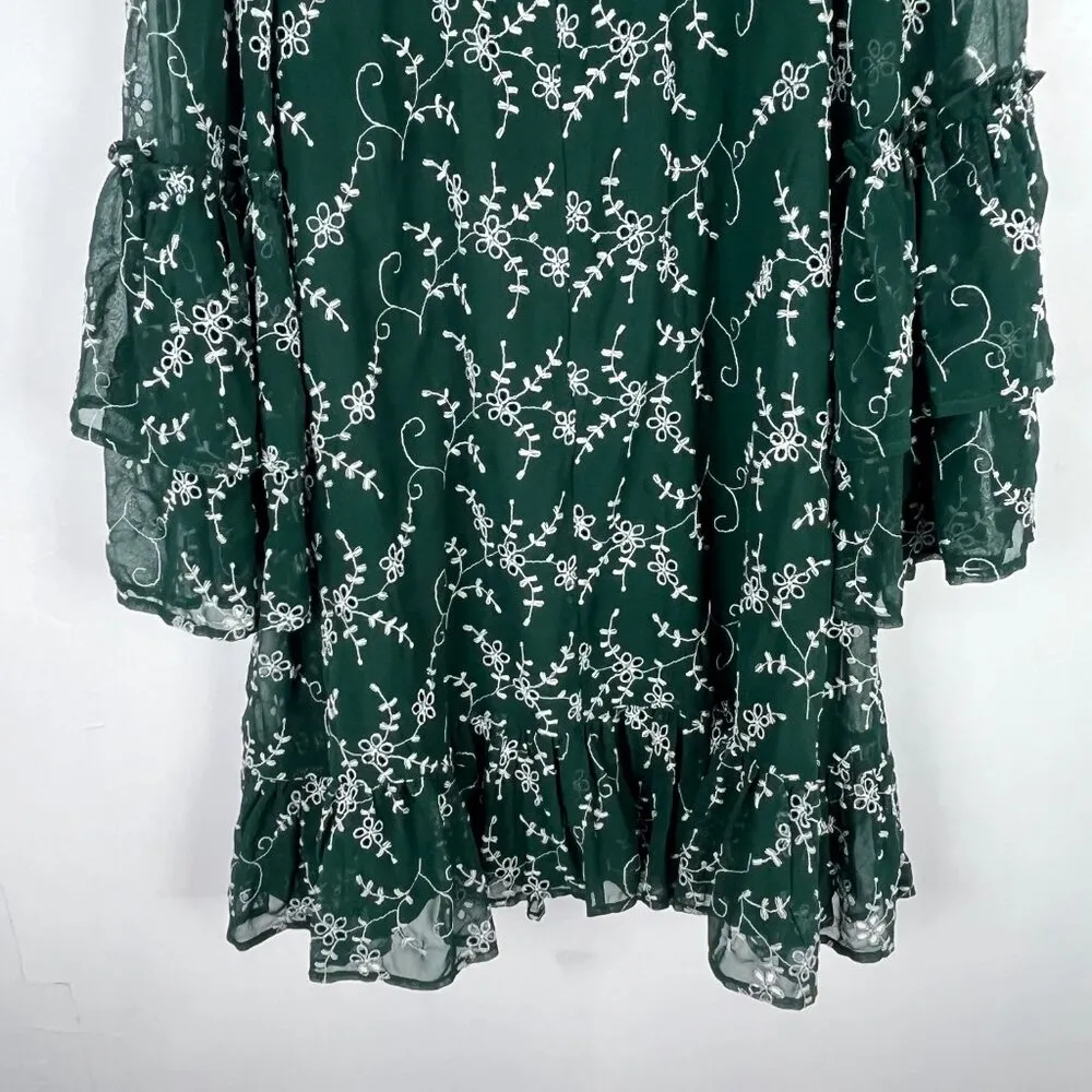 Coast Floral Embroidered Bell Sleeve Ruffle Hem Dress Green US Size 6 EUC - Image 10