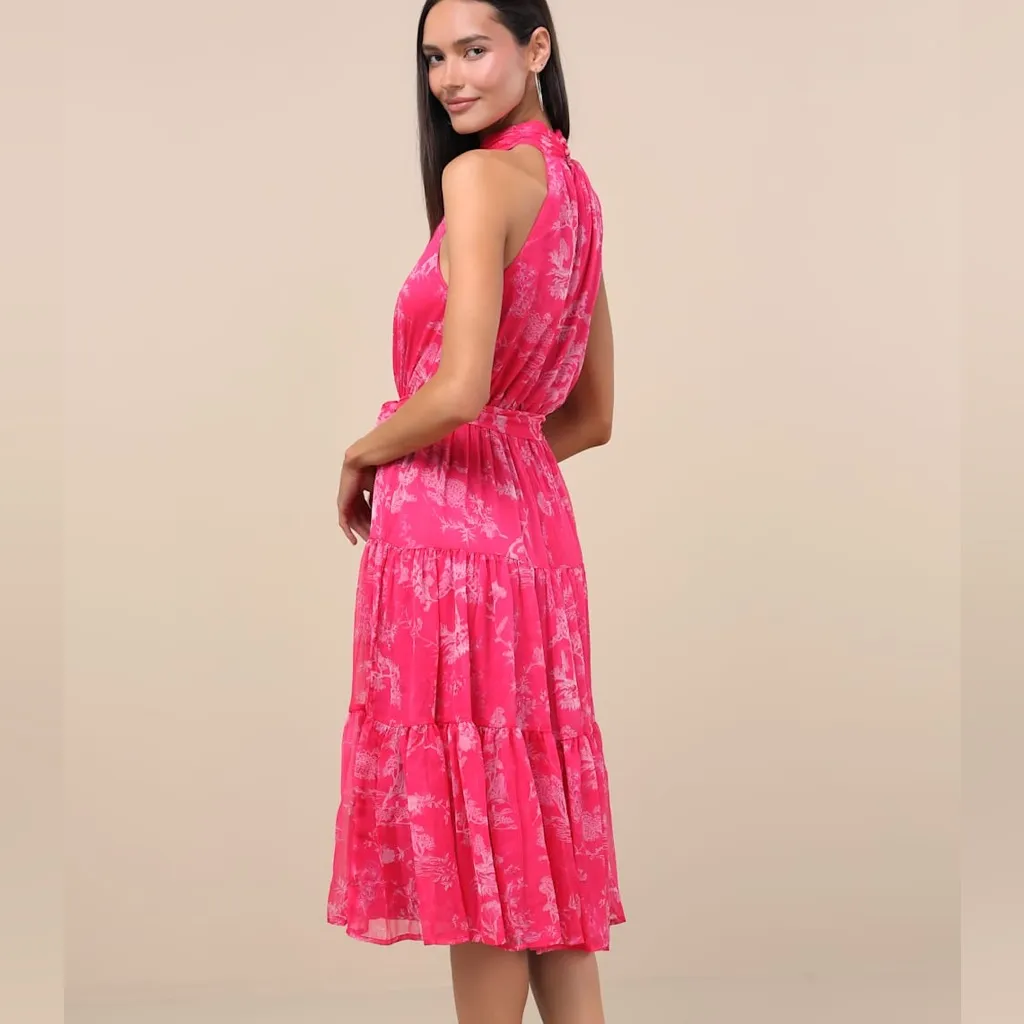 Float to You Hot Pink Floral Print Halter-Neck Tiered Midi Dress Size Large - Image 2