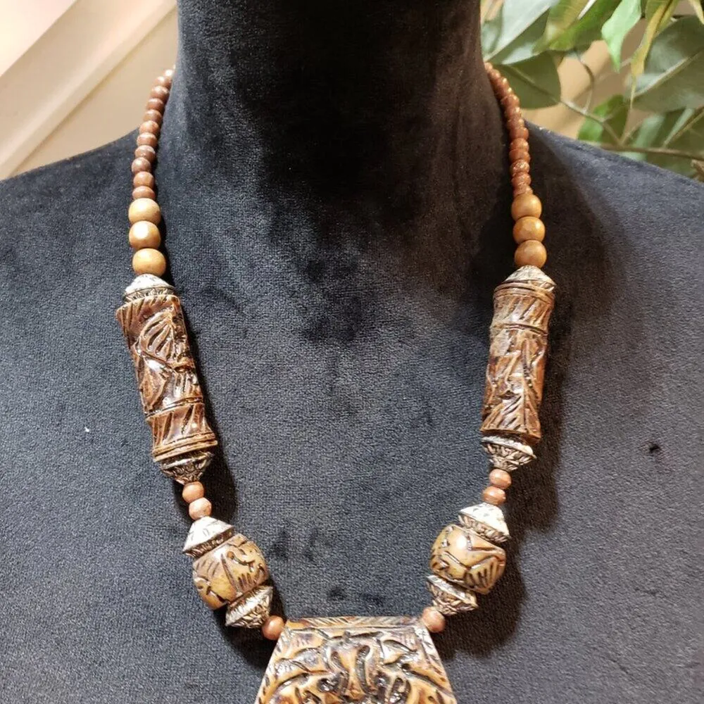 Womens Fashion Brown Wood Tibetan Agate Bead Pendant Necklace with Lobster Clasp - Image 2