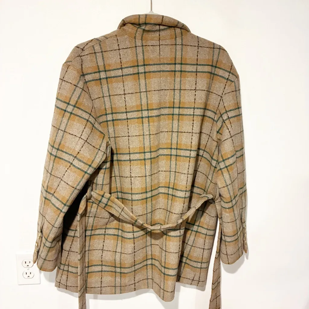 Asm Anna Brown Plaid Belted Button Front Coat Size Medium Tan - Image 5