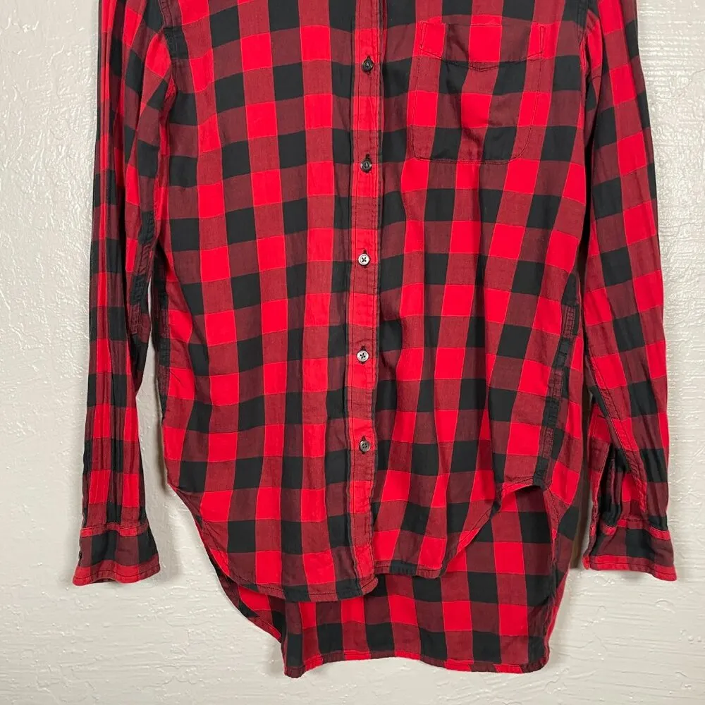 Women XS Black Red Plaid Shirt Long Sleeve Boyfriend - Image 2