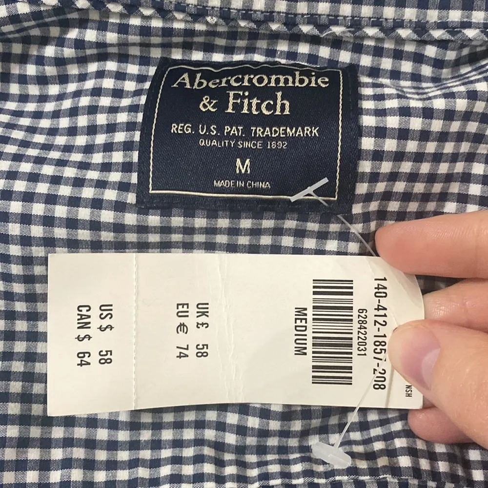 Abercrombie & Fitch micro plaid Oxford moose logo embroidery shirt navy white M - Image 12