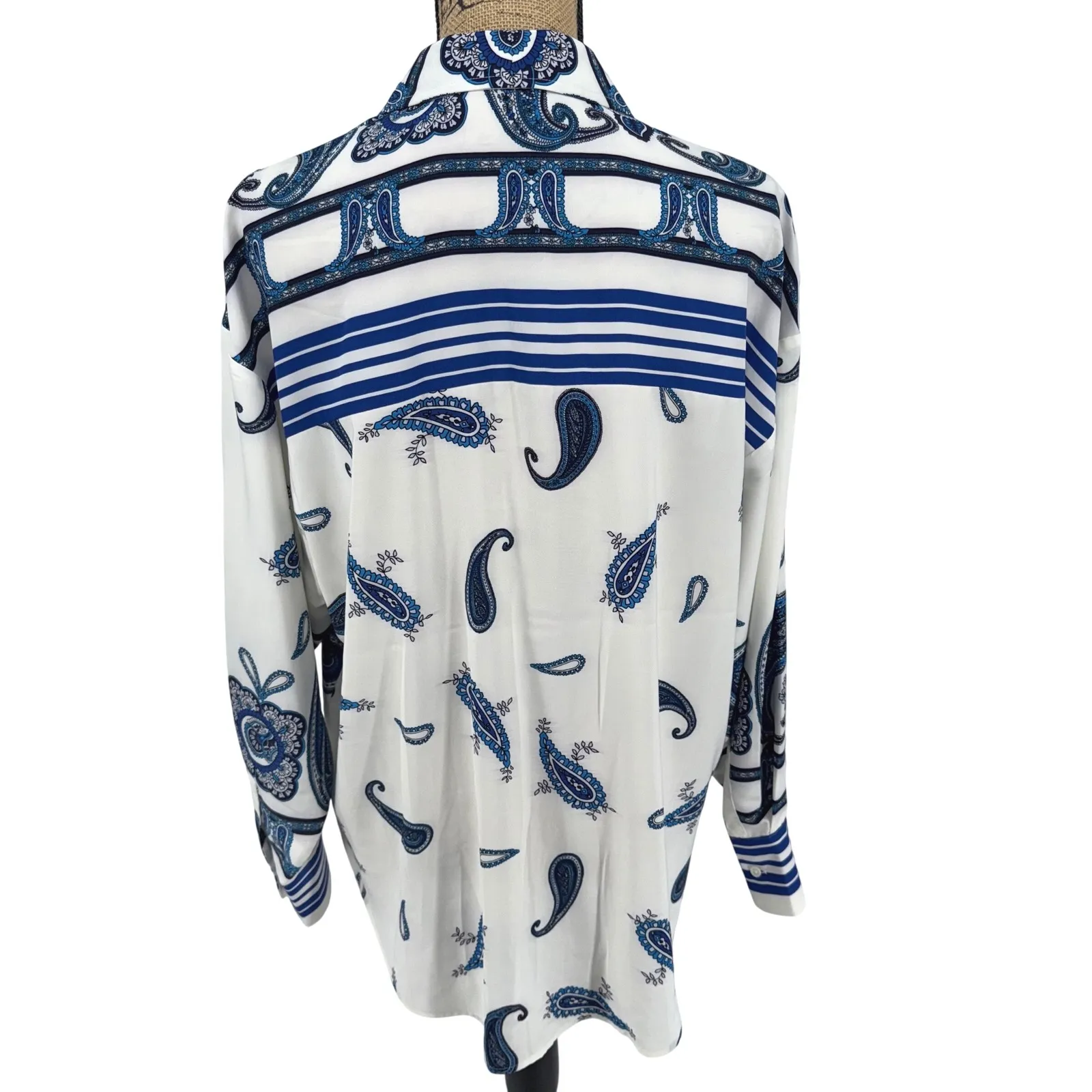 Express Boyfriend Portofino M Blue‎ White Paisley Stripe Button Up Blouse Silky - Image 5
