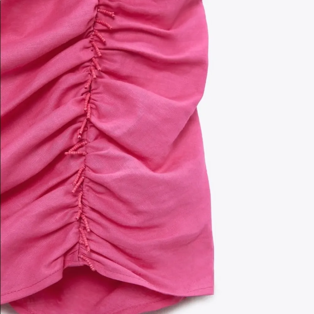 Zara DRAPED BEADED LINEN BLEND V-NECK MINI DRESS Beading Appliqué PINK XS NEW - Image 9