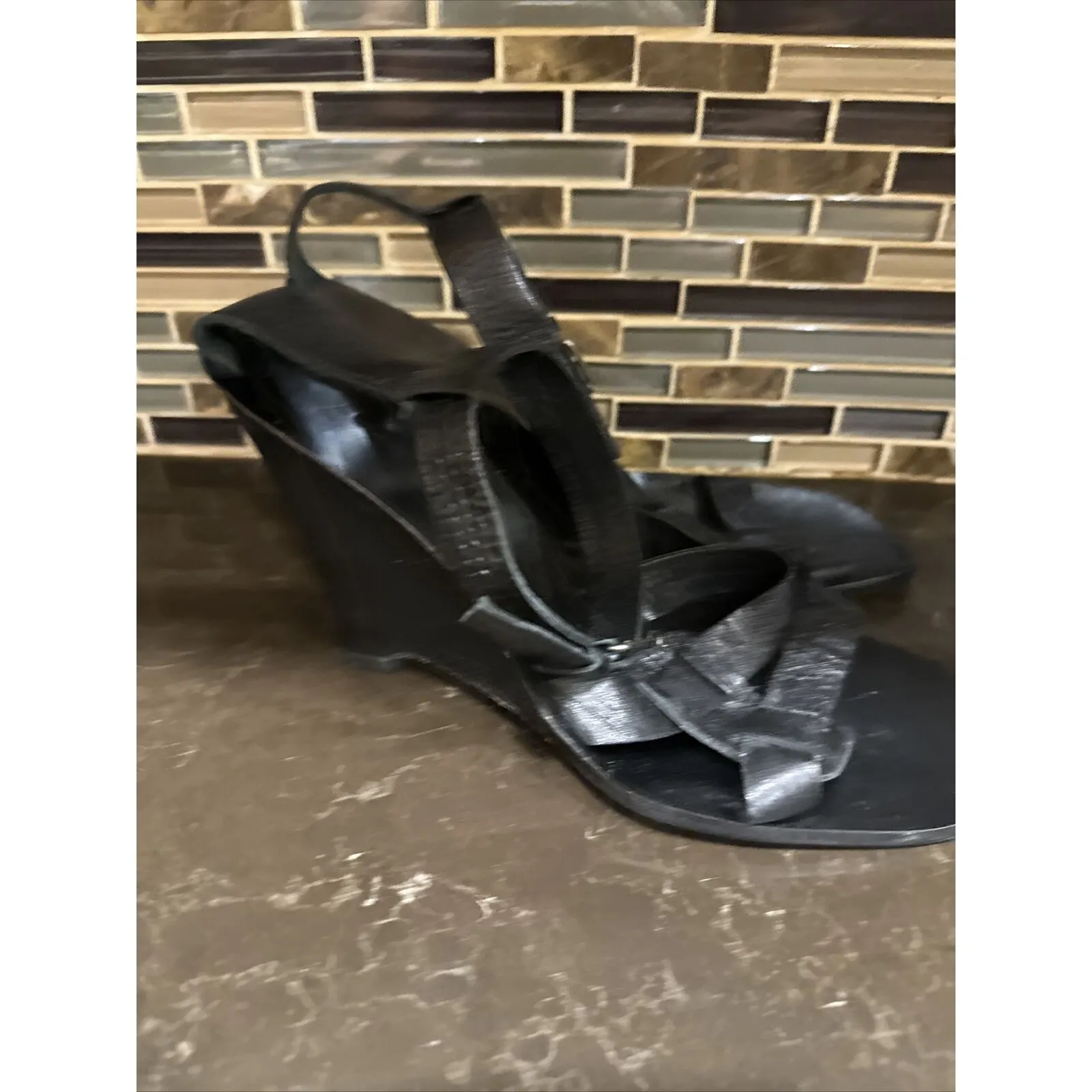 BCBGeneration Black Leather Wedges Sandals BCBG‎ Women’s Size 8B - Image 3