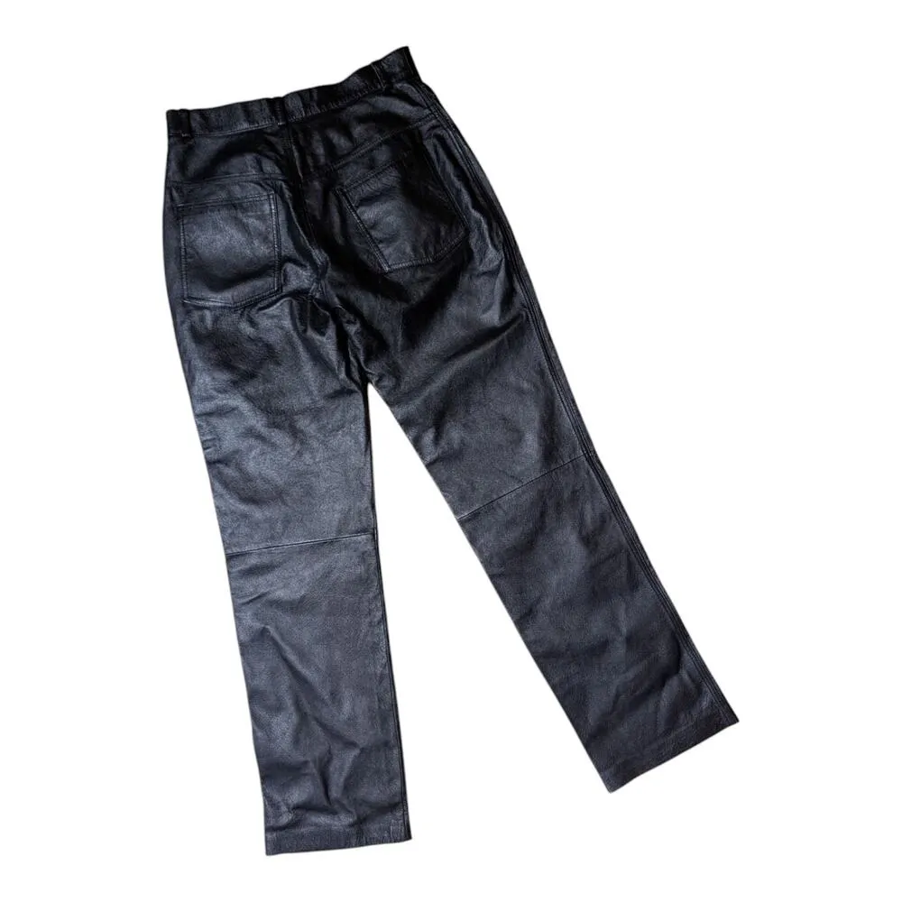 Vtg 1990s Mandee Black Leather Straight Leg High Rise Moto Biker Pants Sz 8 - Image 2