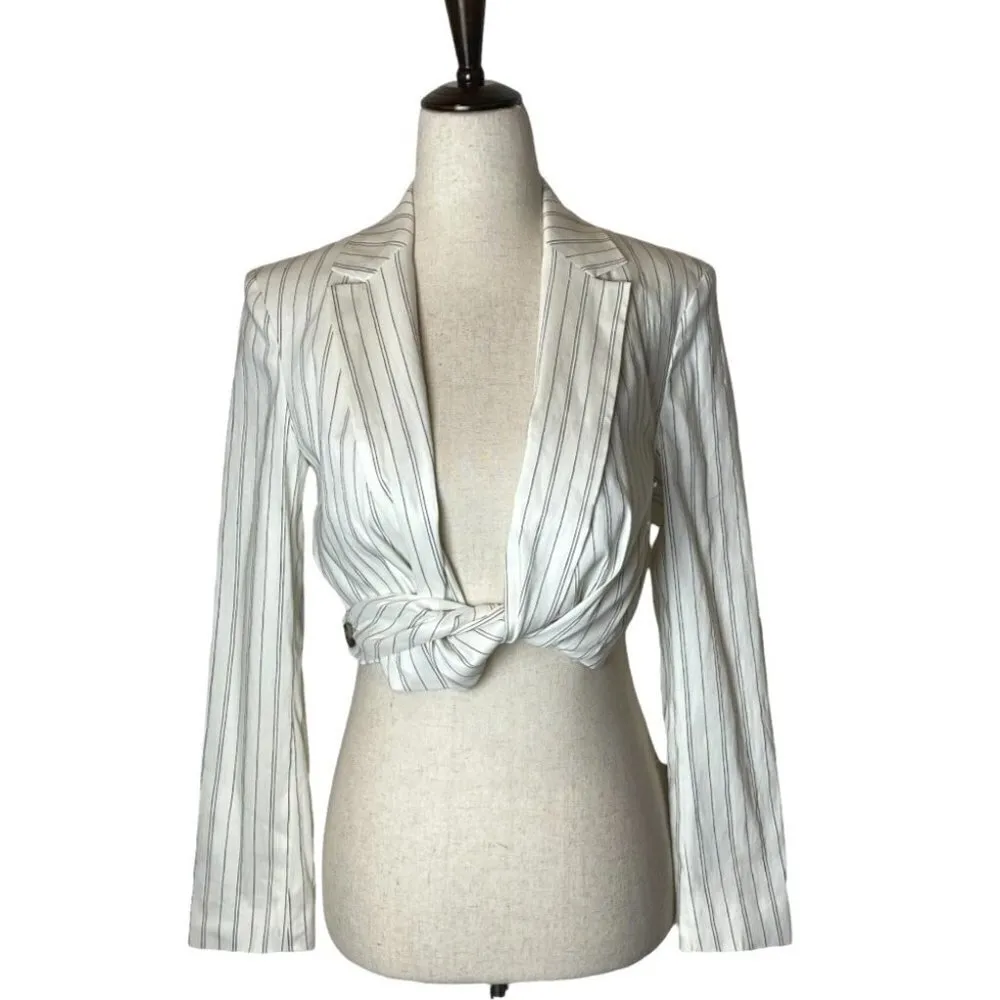 Zara Ivory And Black Pin‎ Stripe Long Sleeve Cropped Twist Front Blazer Size XS - Image 2