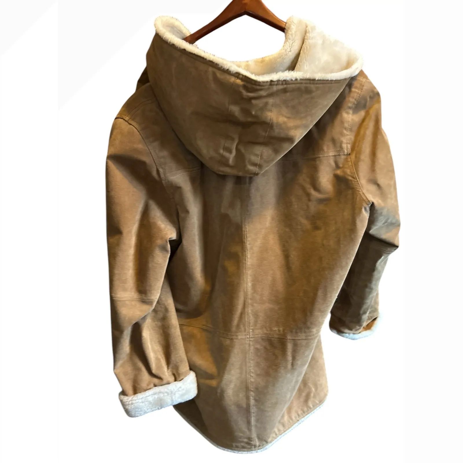 AR Fashions Company Women's Tan Suede Sherpa Lined Hooded Duffle Coat XL leather - Image 5