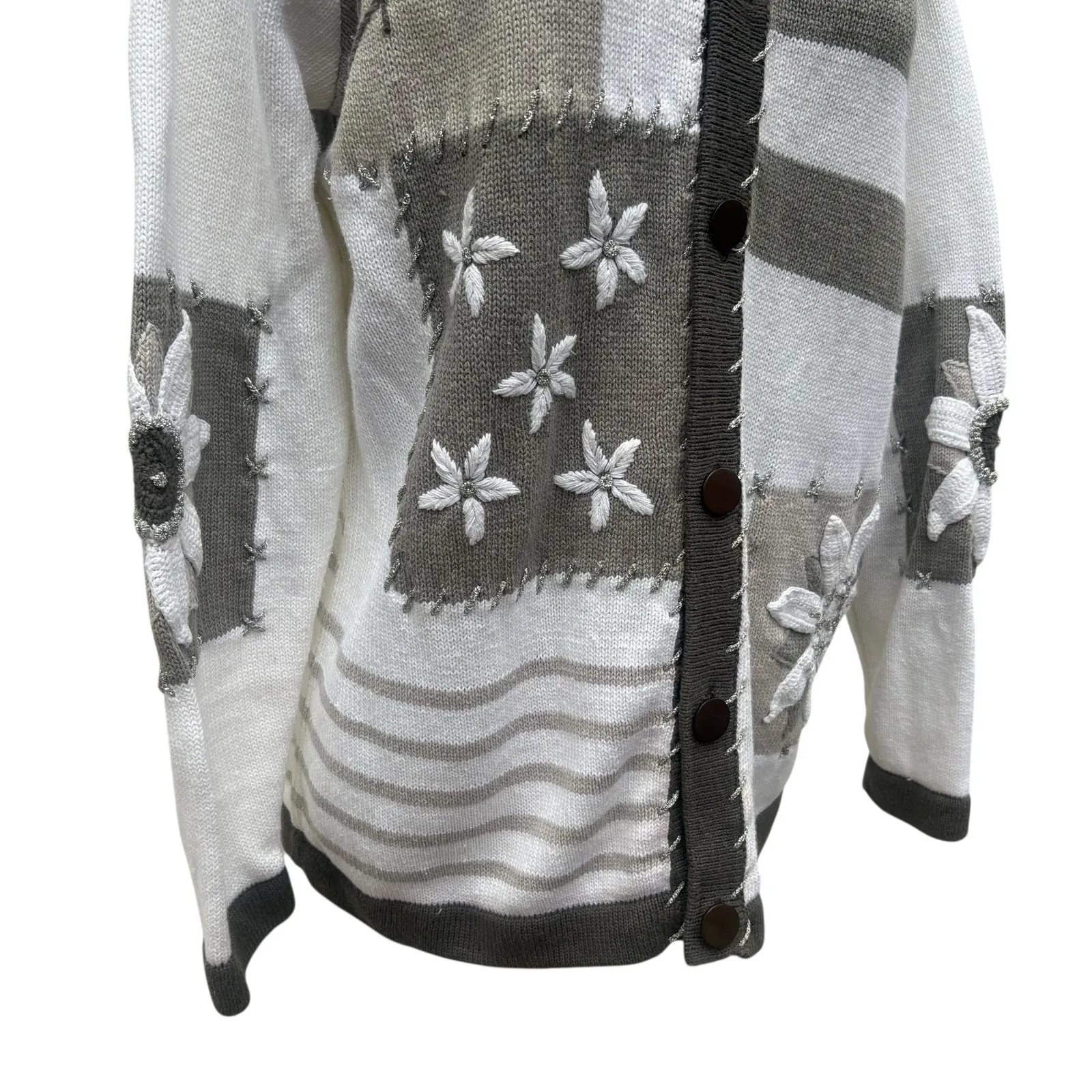 VTG Storybook Knits Cardigan Sweater Med White Ramie Floral Button Grandmacore - Image 3