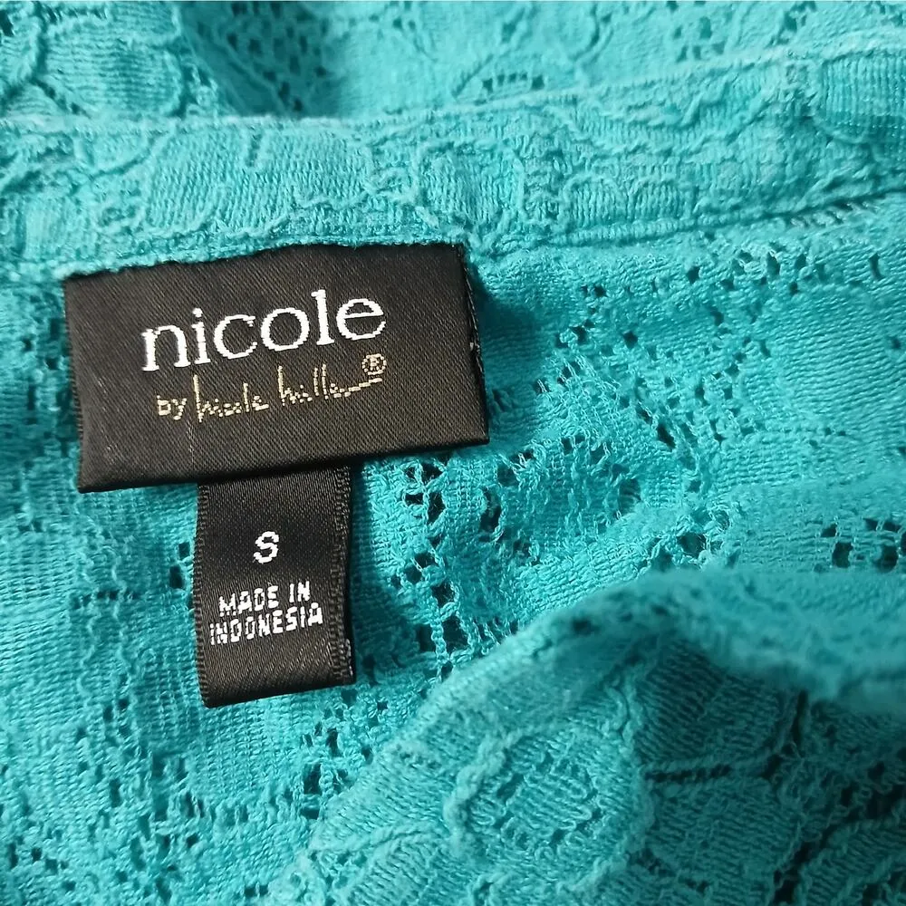 Nicole Miller V-Neck Top Womens Small Green Bell Sleeve Lace Blouse Shirt - Image 5