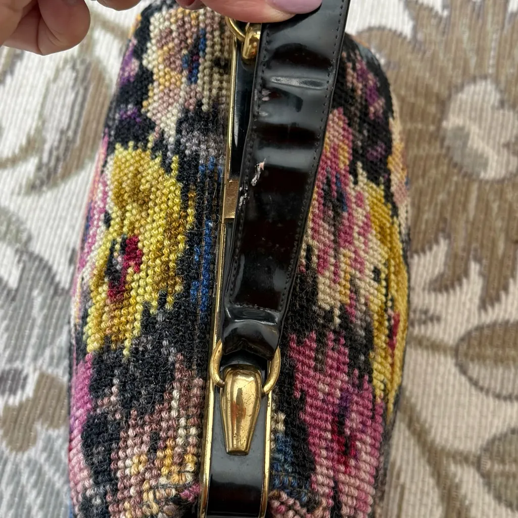 Vintage Needlepoint Purse Floral Tapestry Handbag Bag Antique Pink - Image 5