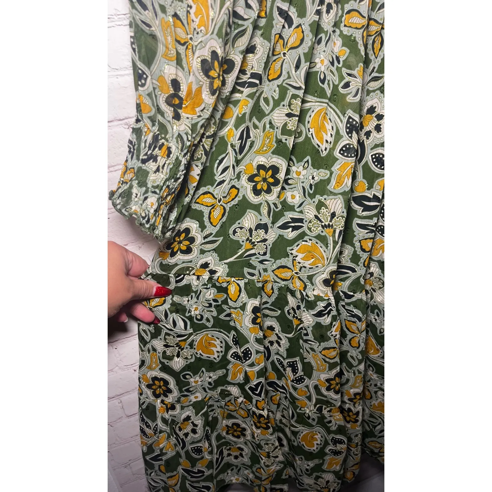 NY Collection Women's Green Floral Print Long Sleeve Midi Dress XL - Image 5