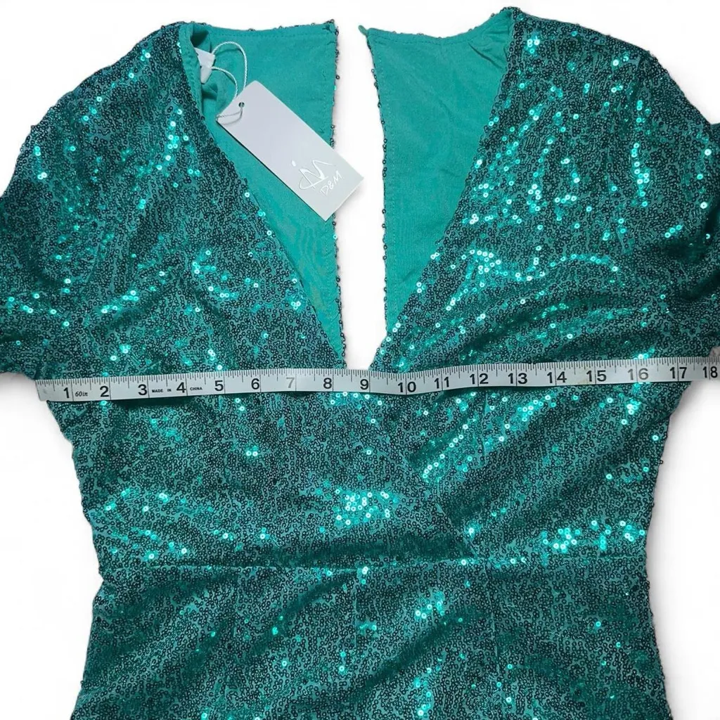Teal Sequin Long Sleeve Romper With Shorts V Neck Wrap Style with Keyhole Back Blue - Image 3