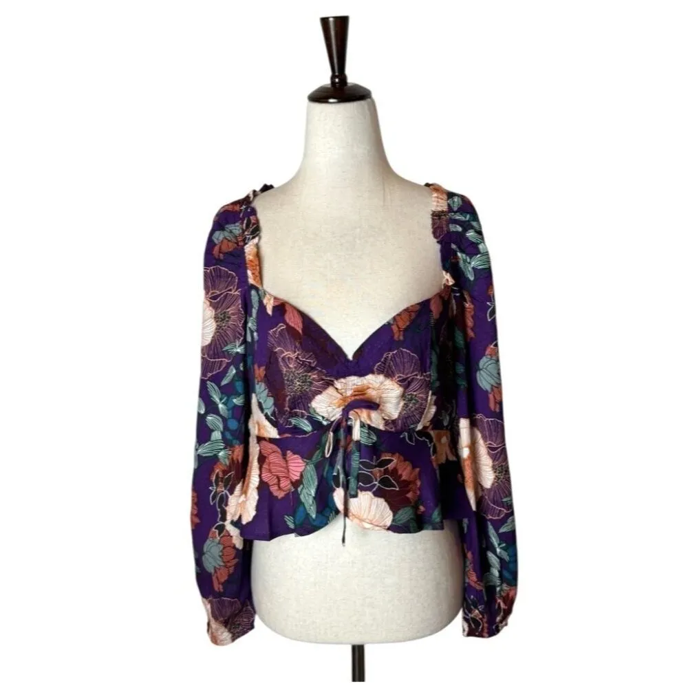 Band Of The‎ Free Shirt Women Medium Purple Floral Puff Sleeve Cropped Top NWT - Image 3