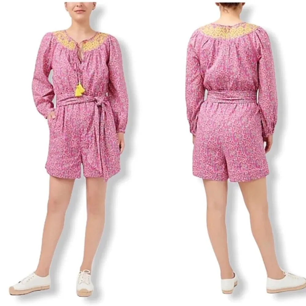 Crew Size 0 Embroidered Romper In Pink Vines Block Print Summer Tassel Floral - Image 15