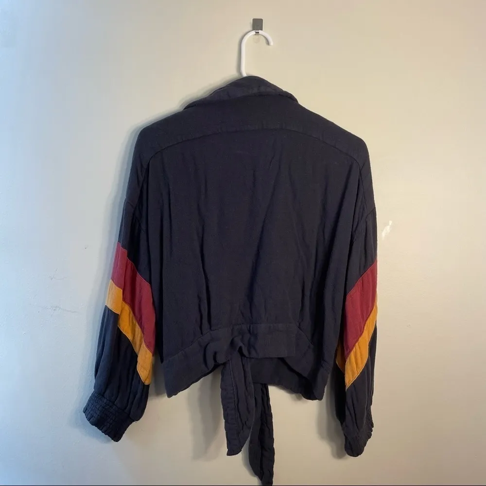 Vintage Havana Sweater Jacket Dark Navy Blue Striped Sleeves Draped Tie Soft - Image 8