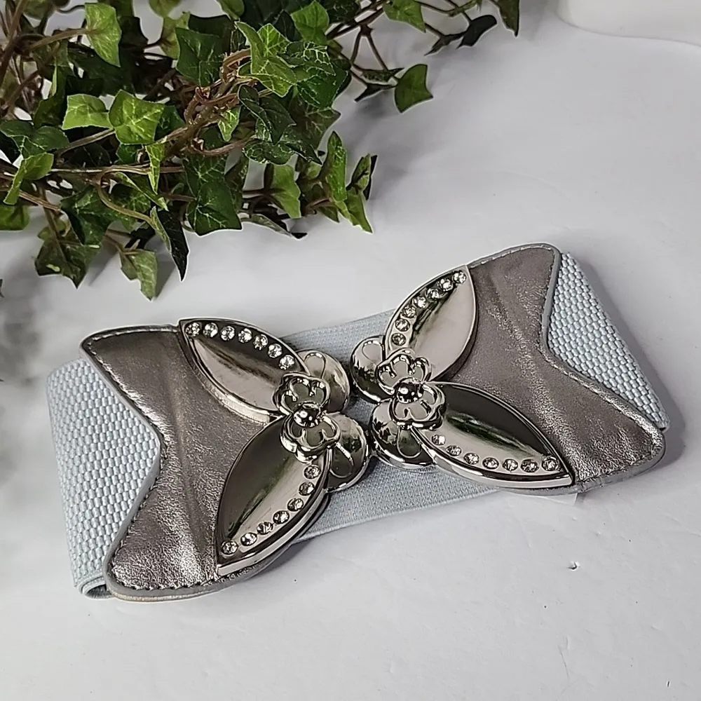 Wide Stretch Belt with Silver Butterfly Like Buckle Close New Blue - Image 2