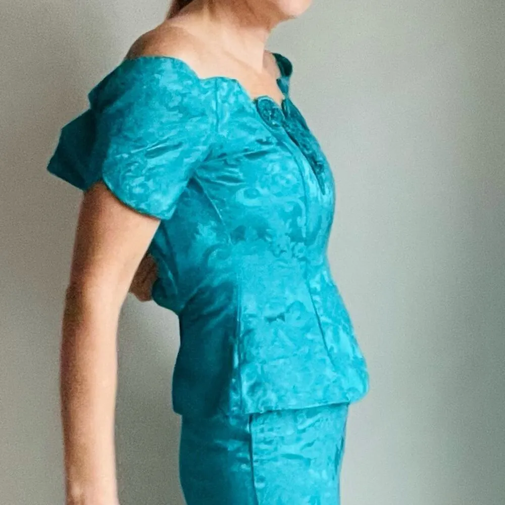 Vintage 90s Prom Party Dress Size 4 Pencil Peplum Size 4 Scott McClintock Brocad Blue - Image 9