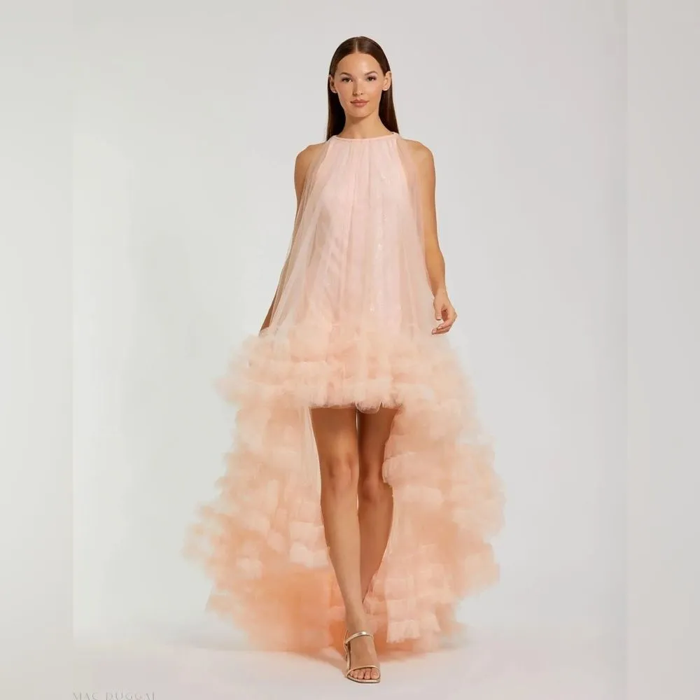 MAC DUGGAL 68252 Light Pink Tulle High Neck Sleeveless Ruffled Hem Hi-Low Gown - Image 4