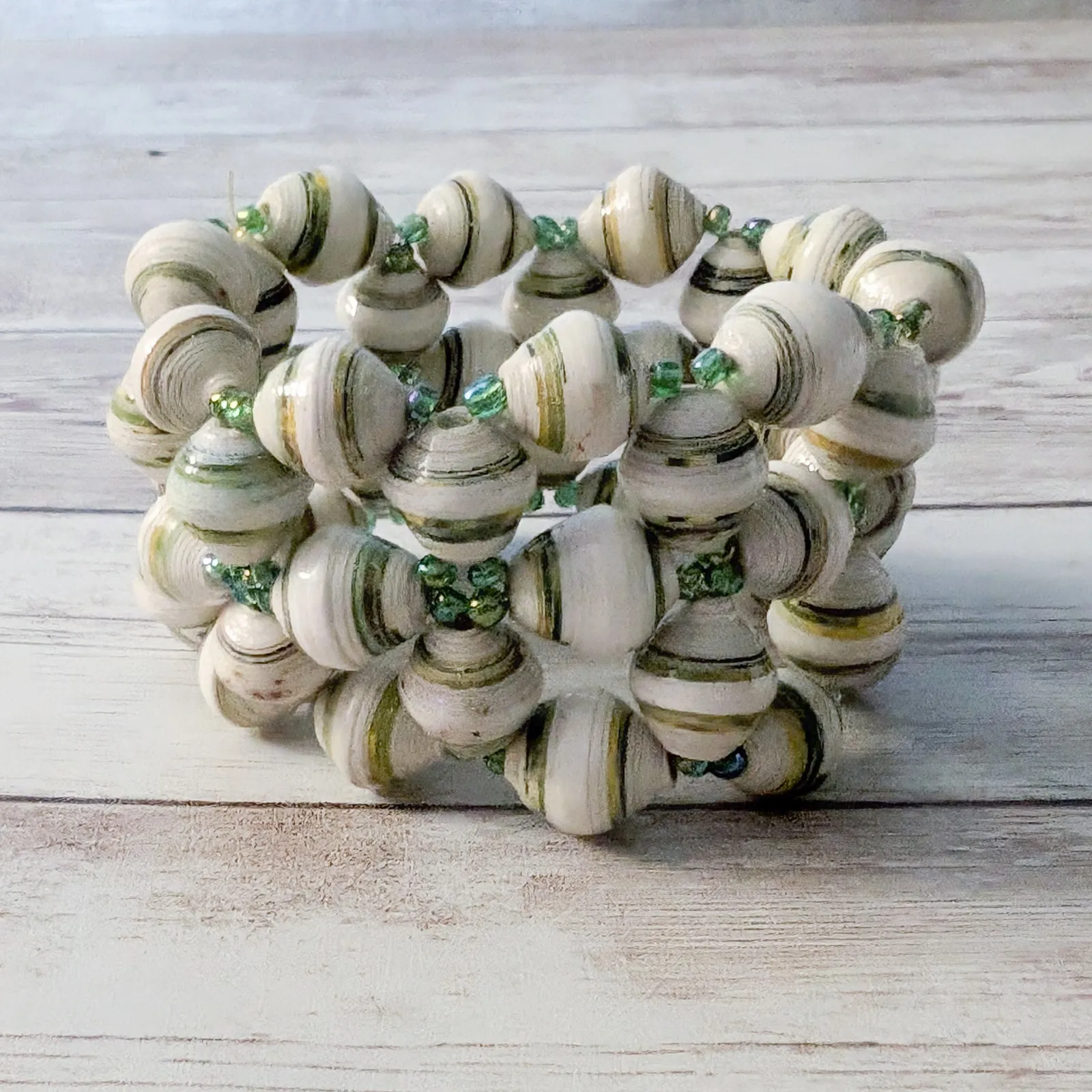 Vintage Stretch Bracelet Wide & Chunky Green & Cream Tones - Image 3