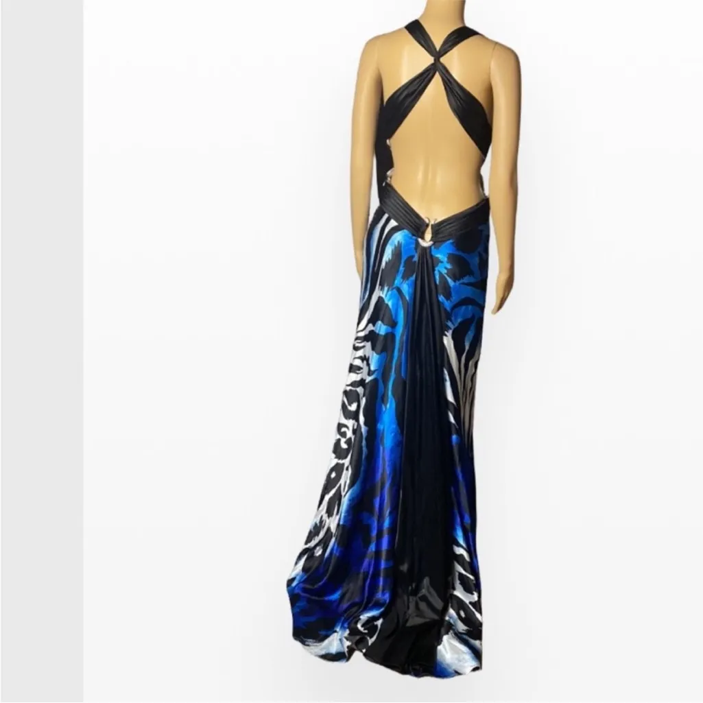 Y2K Cache Blue Black Animal Print Halter
Gown Prom Cocktail Dress Size 8 - Image 5