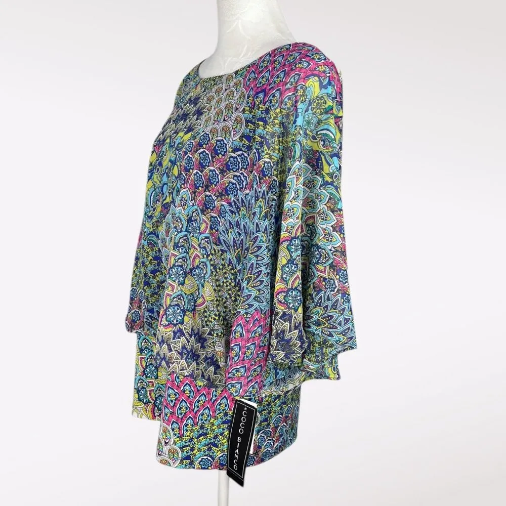 Coco Bianco Sheer Multicolor Print Blouse L NWT - Image 5
