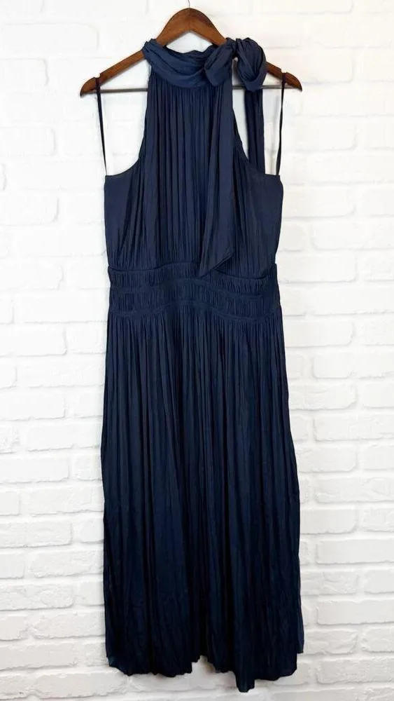 White House Black Market Navy Satin Tie Neck Pleated Smocked Midi Dress Medium - Image 5