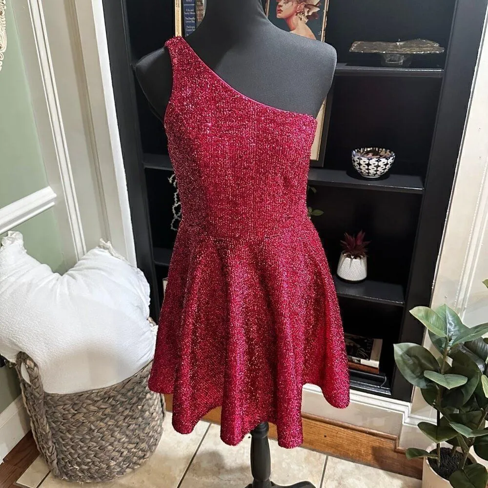 Lulus Shimmer Barbie City Fuchsia One Shoulder Mini Skater Dress Size M Pink Size M - Image 3