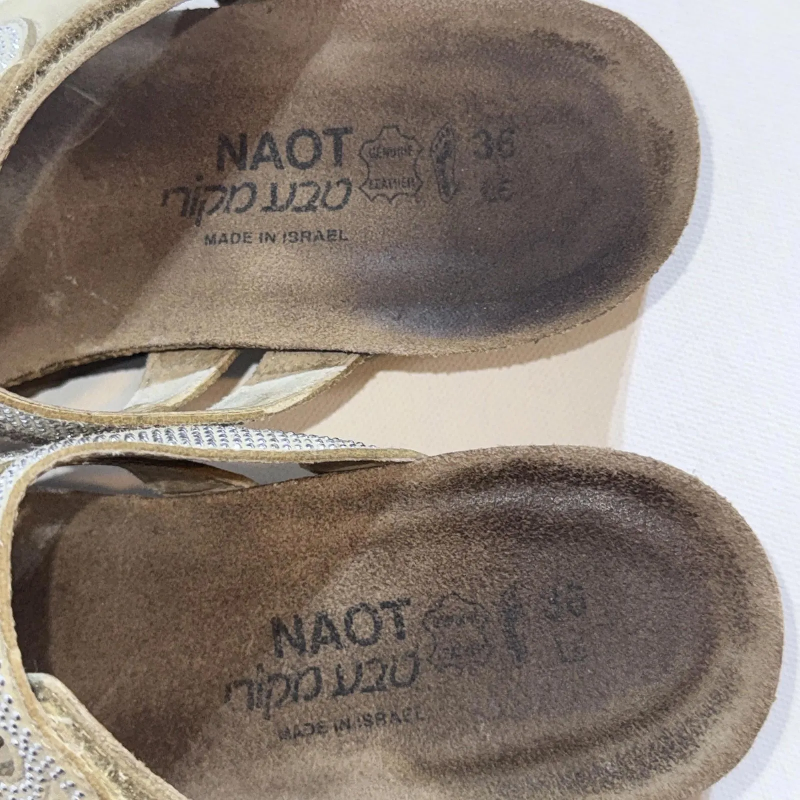 NAOT Gorpcore Prep Leather Bling Rhinestone Slide Low Wedge Sandals 36 Silver Size 7 - Image 6