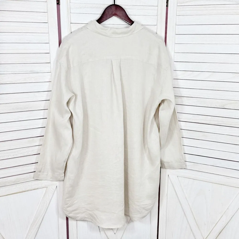 H&M Home Linen Button Up Shirt Dress Beige Tan Medium Long Sleeve Beach - Image 8