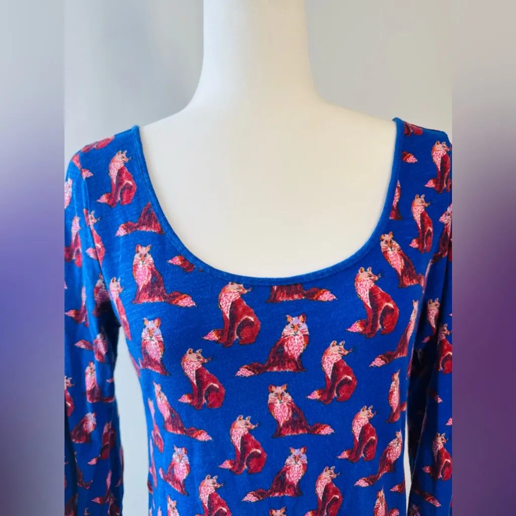 Anthropologie Postmark Forest Fete Fox Print Scoopneck Top Blue Size M - Image 2