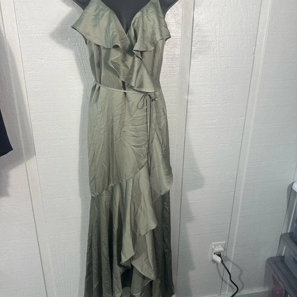 Shona Joy Green  Spaghetti Strap Luxe Ruffle Trim Wrap MIDI Gown Size 4 NWT - Image 3