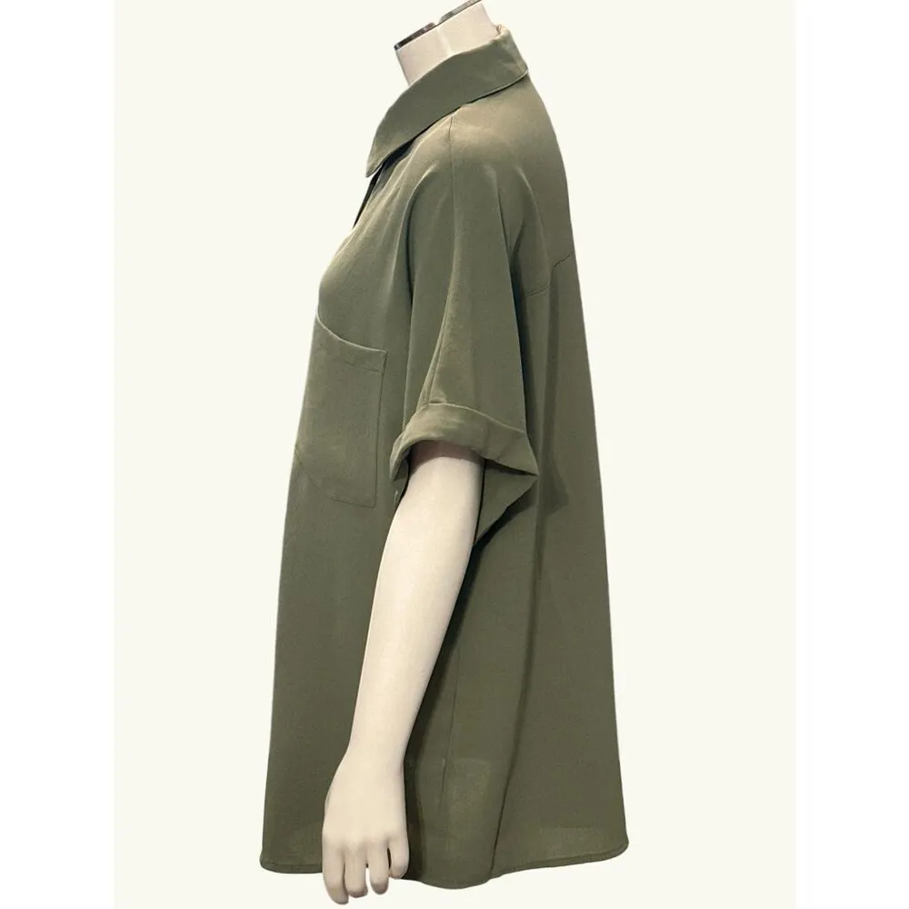 CCC Army Green Henley Short Sleeve Button Up Lapel Shirt XLarge All Polyester Size XL - Image 2