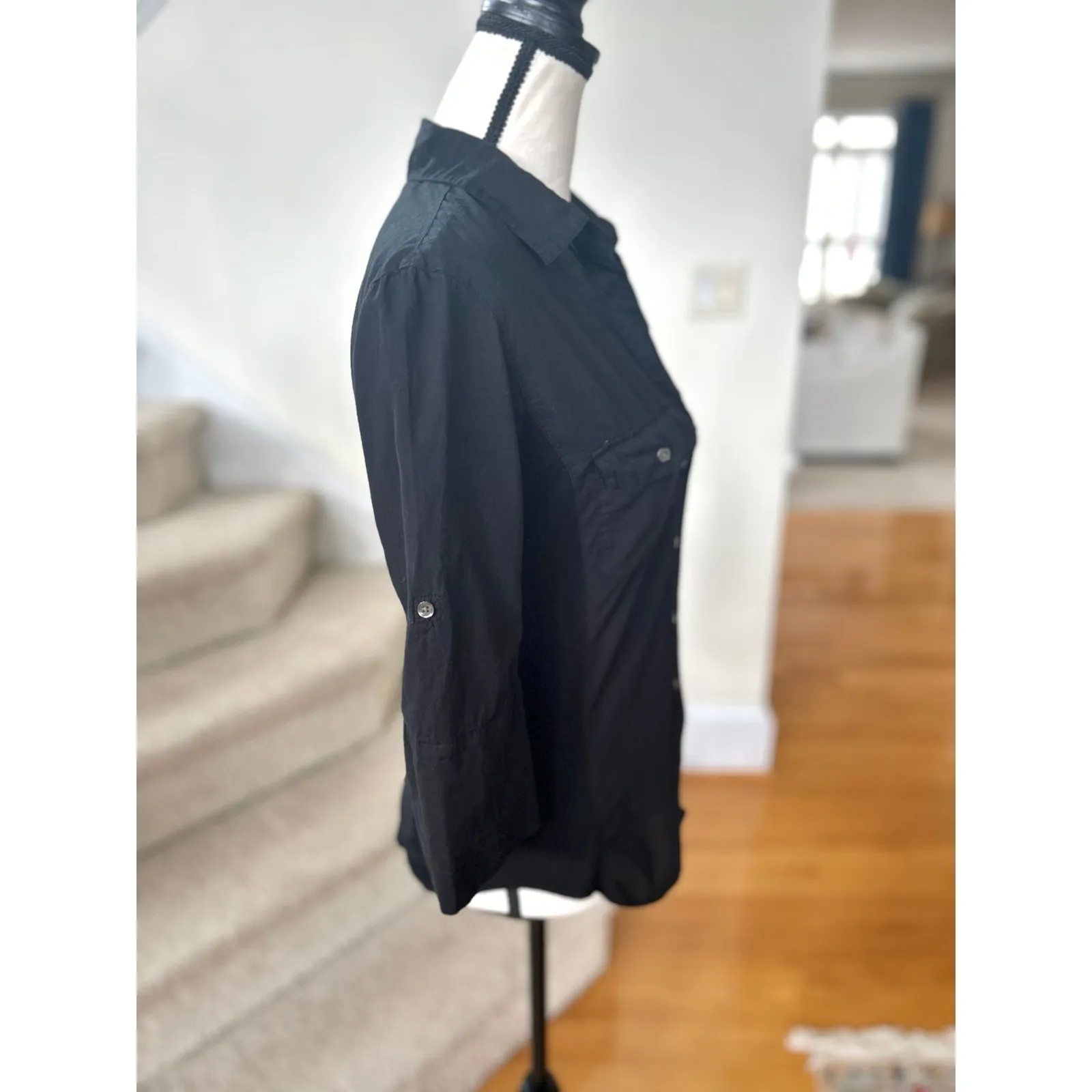 James Perse Black Cotton Rib Insert 3/4 Sleeve Button Front Blouse - Image 2